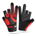 Three-fingerless fishing gloves with adjustable wrist strap and non-slip PU leather design. - One Size / Three Finger Cut Off / Black Red