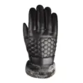 Close-up view of men's thermal winter leather gloves featuring honeycomb pattern and fur cuff. - Honeycomb Fur Cuff / Black