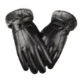 Men winter warm touch screen leather gloves with furry cuff detail and fleece lining design. - Three-Line Fur Cuff / Black