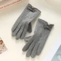 Women's grey cashmere warm winter gloves with bow touch screen thick windproof fleece lined - Cashmere Bow Women Gray