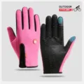 Pink full finger cycling gloves for outdoor sports, thermal touch screen with zipper design. - Style B Rose Red