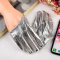 Silver metallic PU gloves detail shot, women full finger shiny performance gloves for party. - Silver