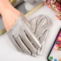 Metallic silver full finger PU leather gloves for women, perfect for stage and party wear. - Matte Silver