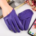 Purple PU leather short gloves for women, stylish stage and party wear accessories. - Purple