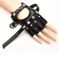 Black PU leather punk half-finger gloves with metal rivets and buckle for women street dance. - Long Chain Black
