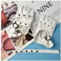 White PU leather half-finger gloves with punk rivet studs and adjustable buckle straps. - Long Chain White