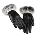 Women winter warm PU leather gloves with plush cuff touchscreen driving gloves elegant style - One Size / Black