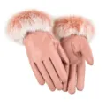 Women's winter warm PU leather gloves with plush fur cuffs, stylish touchscreen driving gloves. - One Size / Pink