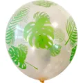 Transparent clear latex balloon with green tropical monstera and palm leaves print for party decoration. - Monstera Leaf Print / 100 Pieces/Pack / Clear