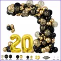 Kit d'arche de ballon 20ème anniversaire noir et or avec ballons chiffres et bannière pour fête. - Ensemble Noir et Or 20 Ans