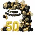Kit d'arche de ballon d'anniversaire noir et or 50 ans avec ballons chiffres et bannière pour fête. - Ensemble Noir et Or 50 Ans