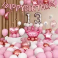 Ensemble de ballons pour anniversaire de fille avec chiffre 13 couronne et bannière. - Ensemble de Luxe Rose Métallique