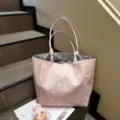 Fashion large capacity pink polka dot canvas shoulder tote bag casual commuting handbag women - Light Pink