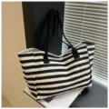 Black and white striped canvas tote bag for women, large capacity shoulder handbag commuting. - Horizontal Striped + Black