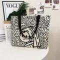 Casual black and white canvas tote bag large capacity fashion shoulder shopping handbag - Earring Girl