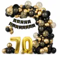 Black and gold 70th birthday balloon arch kit with number balloons for party decoration. - Black Gold 70th Birthday Set
