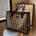 Grand sac cabas en toile à motifs carreaux noir et blanc pour les cours et bureau. - Épaissi avec Doublure et Fermeture Éclair / Grille Noir Blanc