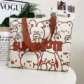 Large capacity canvas tote bag for women, cute cartoon bear print casual shoulder shopping bag. - Animal Party