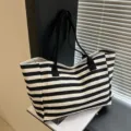 Classic black and white striped canvas tote bag, large capacity shoulder commuter bag. - Horizontal Stripes