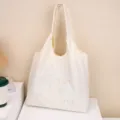 Korean style embroidered nylon tote bag, casual large capacity shoulder bag in beige color. - Off White