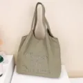 Lightweight nylon tote bag for women, casual shoulder handbag with chic embroidery. - Army Green