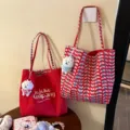 Canvas tote bag large capacity casual shoulder bag stylish commuting handbag with cute pendant - Red Canvas Double-Sided Carry (Single Bag Without Pendant)
