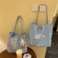 Casual large capacity canvas tote bag for women, stylish commuting shoulder handbag. - Blue Canvas Double-Sided Carry (Single Bag Without Pendant)