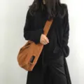 Corduroy shoulder bag detail shot, vintage slouchy brown crossbody tote for women. - Brown