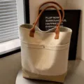 Large capacity canvas tote bag, stylish commuting shoulder bag with brown straps. - Brown Stitched (Lining & Pocket)
