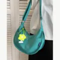 Casual crescent canvas shoulder bag for women, stylish crossbody bag with cute flower pendant. - With Pendant / Turquoise Green
