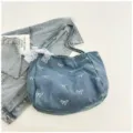 Sweet denim canvas tote bag with white bow pattern, stylish casual shoulder bag for women. - Single Bag With Lace / Blue
