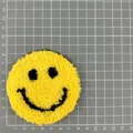 Yellow fuzzy smiley face patch with glittering gold base, terry cloth embroidery motif for clothing. - Gold Bottom Smiley Face (1C6-1) / Yellow