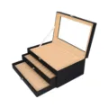 Black PU leather 3-layer fountain pen display storage box with clear glass lid and slots. - 36 Pcs/Set / Black