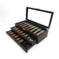 Wooden storage box with glass lid and multi-layer drawers, perfect for folding knives. - 3-Layer Painted Ebony Grain Pocket Knife Storage Box / Triple Layer