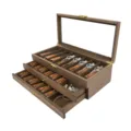Wooden folding knife storage box with glass lid, multi-tier drawer display case. - 3-Layer Black Walnut Pocket Knife Storage Box / Triple Layer