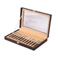 12-slot PU leather pen display box with clear glass window and elegant business pens included. - 12-Slot Pen Storage Box Brown