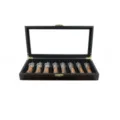 Wooden folding knife display storage box set with 8 pcs utility pocket knives inside. - Single-Layer Painted Ebony Grain Pocket Knife Storage Box / Single Layer