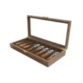 Wooden storage box with glass lid and multiple slots for folding knives and tools collection. - Single-Layer Black Walnut Pocket Knife Storage Box / Single Layer