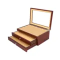 Wooden pen display storage box with glass lid and multiple slots for fountain pens. - Burgundy