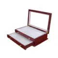 Wooden pen display storage box with glass lid double layer drawer organizer for stationery - 25 Slots / Gold Edition / Red With White Interior