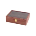 Ξύλινο κουτί αποθήκευσης ρολογιών 10 θέσεων με διαφανές γυάλινο καπάκι και κομψό φινίρισμα. - 10 Θέσεις / Αναβαθμισμένος Ξύλινος Καπλαμάς Κόκκινης Αχλαδιάς με Καφέ Εσωτερικό