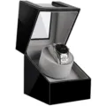 Automatic single watch winder box in black PU leather with clear glass lid and grey interior. - Single Watch Slot / Black & Gray