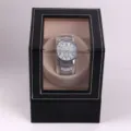 Automatic watch winder box single slot black PU leather mechanical watch shaker display case. - Single Watch Slot / Black & Beige
