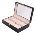 Classic black matte wooden watch box with 10 slots, clear glass lid and beige velvet pillows. - 12 Slots / Black & Beige