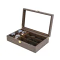 Wooden watch and glasses storage box with glass lid and velvet interior for jewelry organization. - Black Walnut Wood Veneer Jewelry Box / Brown Interior