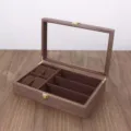 Wooden watch and jewelry storage box with clear glass lid and soft brown velvet lining - 4+3 Grid Jewelry Box / Walnut / Coffee Inner
