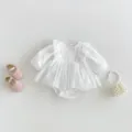 Detailed view of white baby girl long sleeve lace romper dress with cute mesh skirt overlay. - 66 / Dresses / Suitable for Height 66cm / White