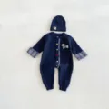 Infant baby navy blue knit romper and beanie set with cute puppy embroidery and plaid cuffs. - 66cm / Navy Blue