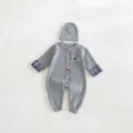 Cute baby knit romper and hat set with puppy patch and plaid cuffs for infants daily wear. - 66cm / Gray
