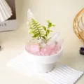 Bonsai in cristallo naturale in vaso con grappoli di quarzo rosa e decorazione verde. - Taojing Mijing